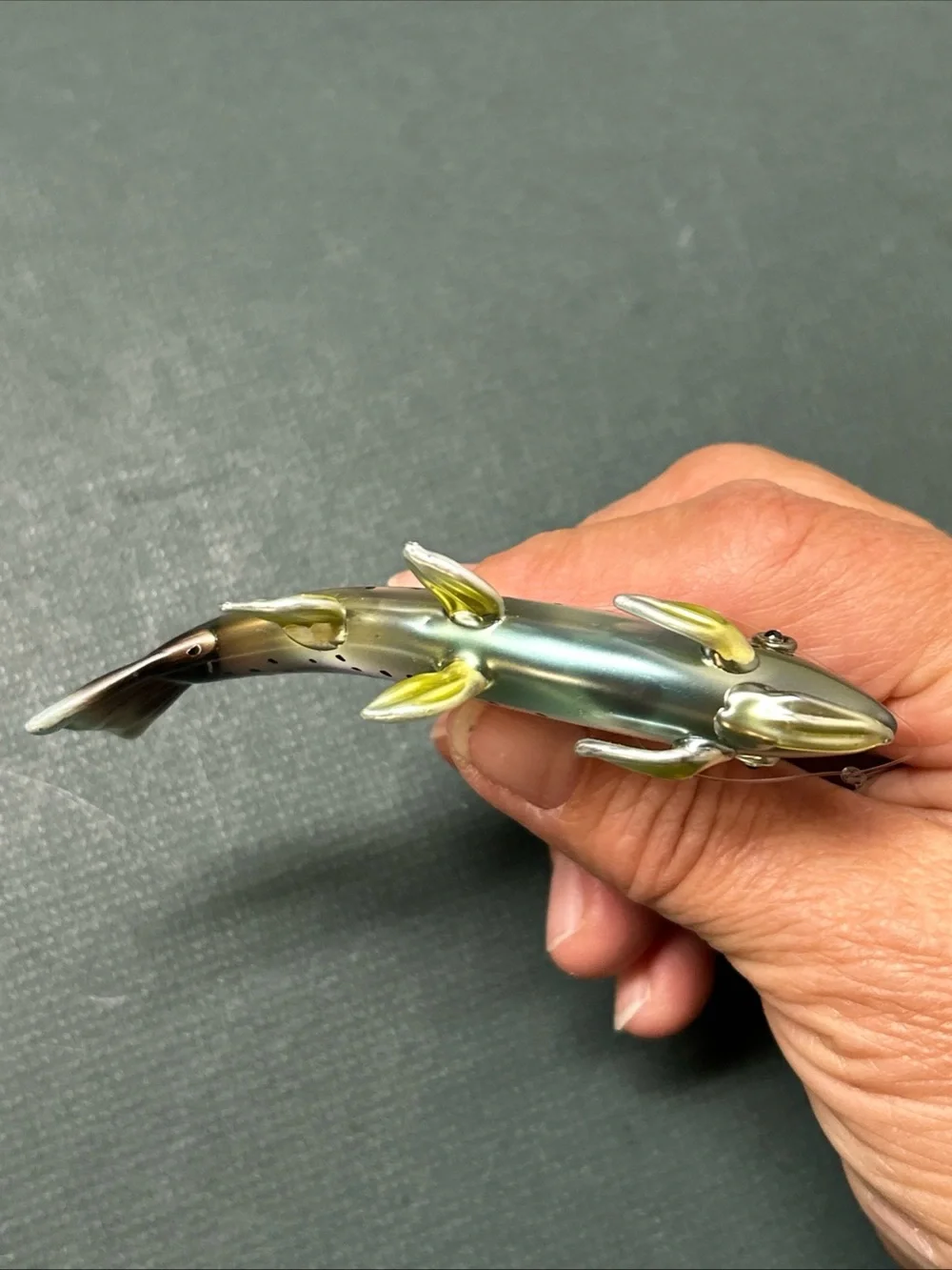 Hand Blown Glass Trout Fish Ornament Fishing Lodge Cabin Decor w/ Stand